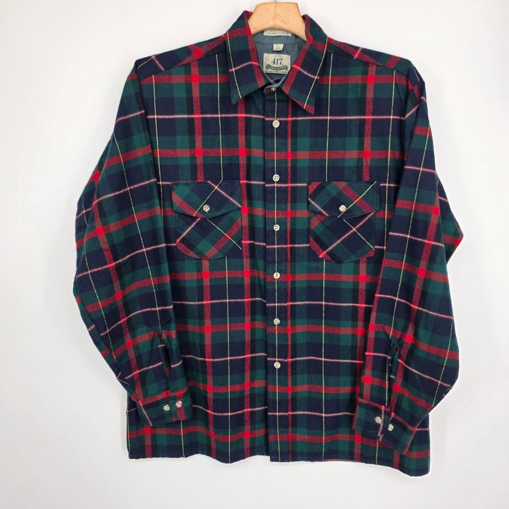 Vintage 417 by Van Heusen Plaid Flannel Shirt Mens L Long Sleeve Acrylic Blue